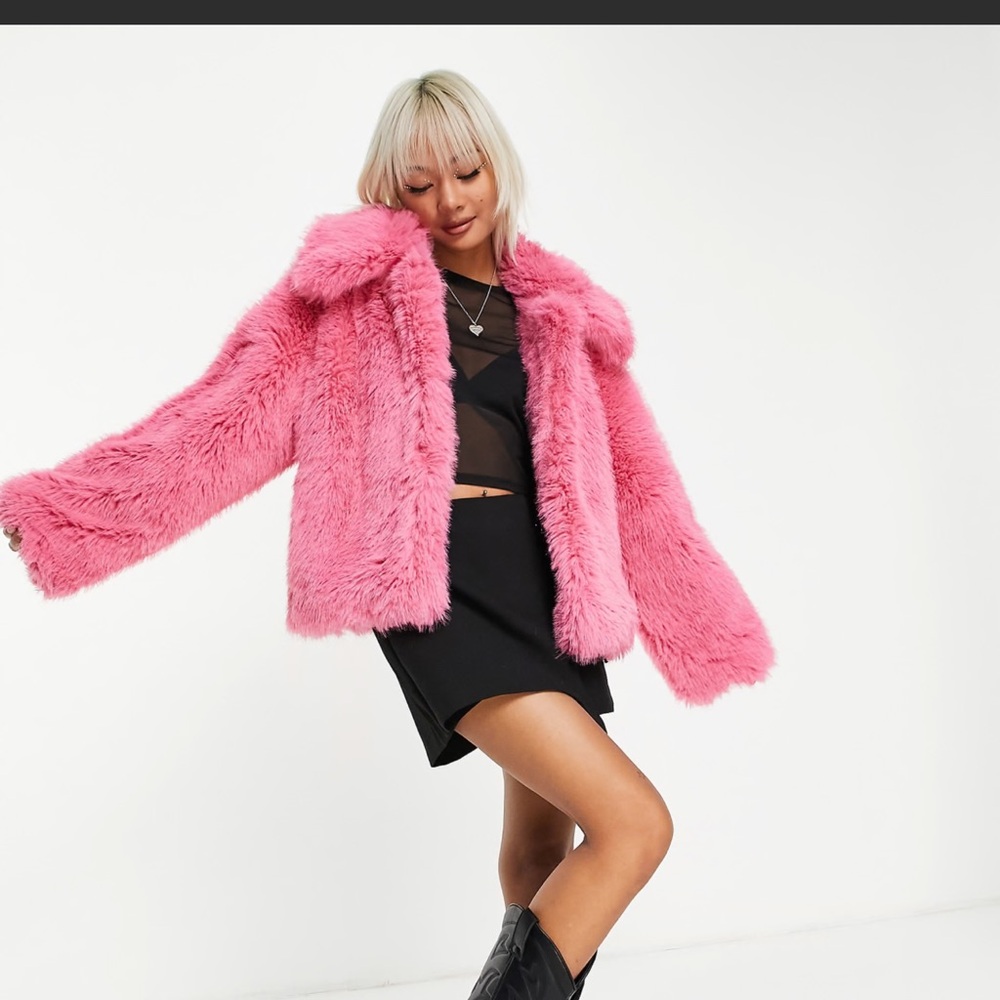Topshop short fur coat in bright pink ASOS